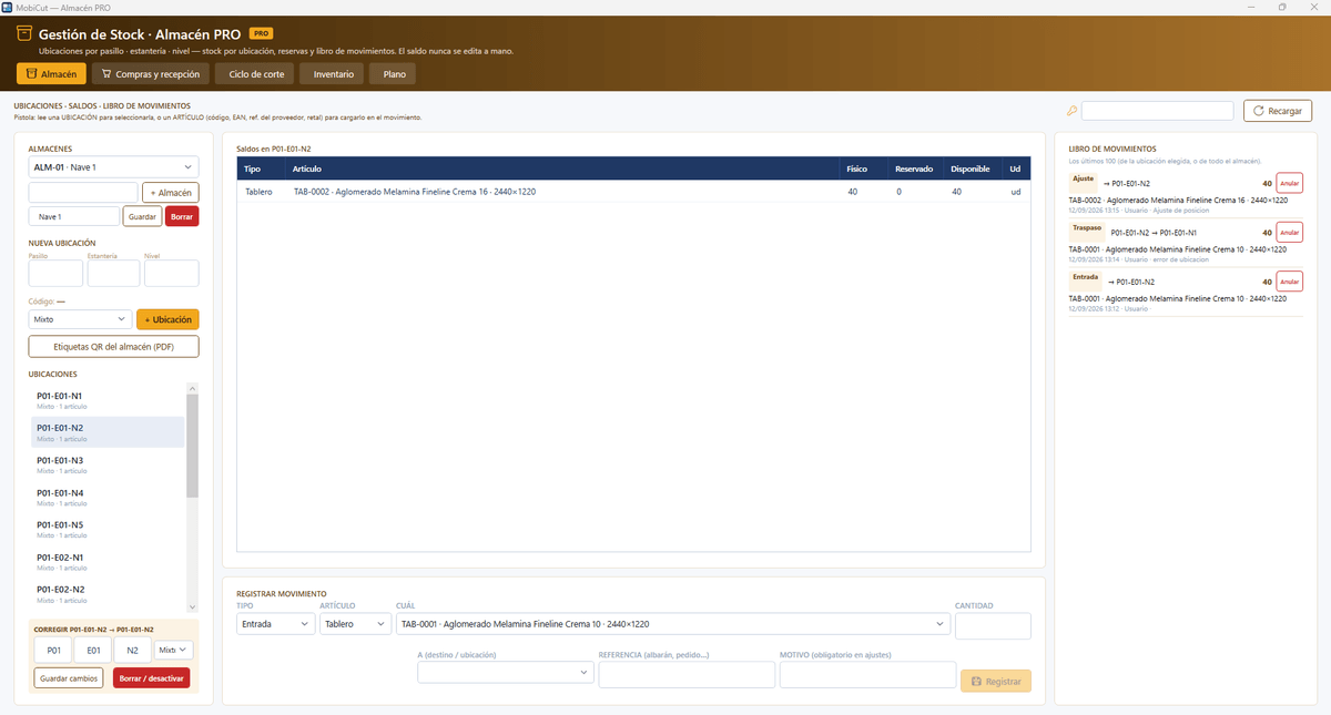 Magasin PRO : emplacements, soldes et livre des mouvements