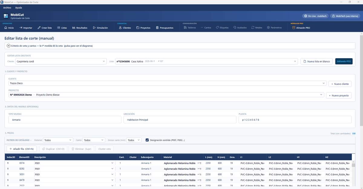 Liste manuelle ou commande depuis MobiCut On-Line